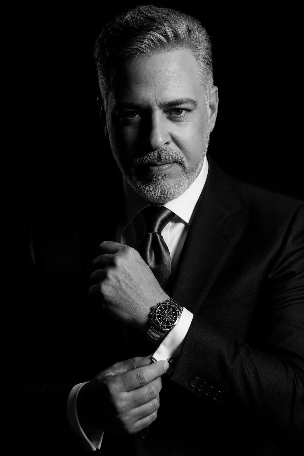 Retrato em preto e branco de Edson Guedes, de terno e gravata, ajustando o punho da camisa.